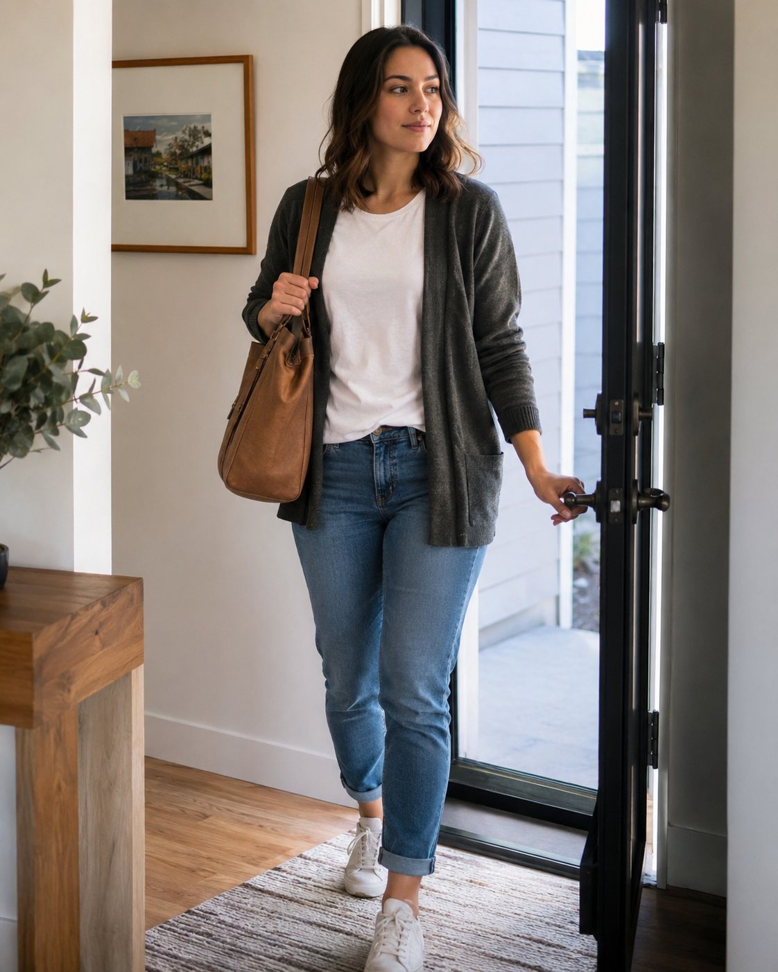 A woman in jeans and a cardigan steps out of her front door with a shoulder bag, keys in hand