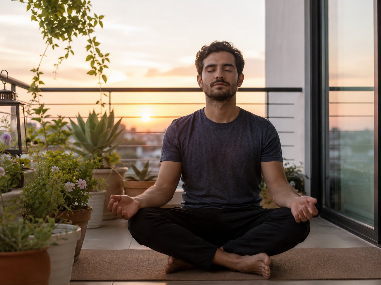 Man sits cross-legged with eyes closed meditating on a plant-filled balcony at sunset.