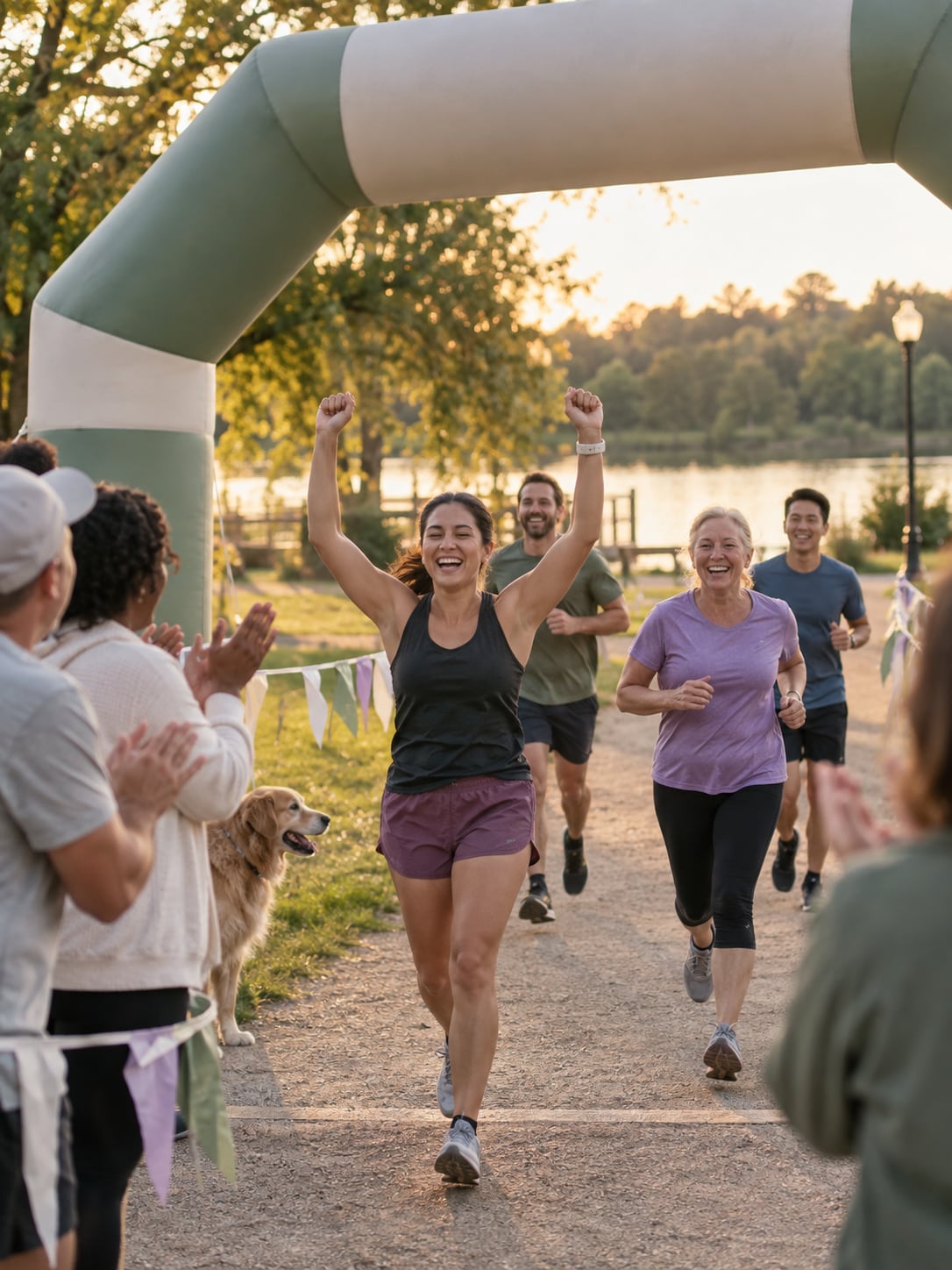 A small group of runners of mixed ages cross a park finish-line arch, supporters nearby.