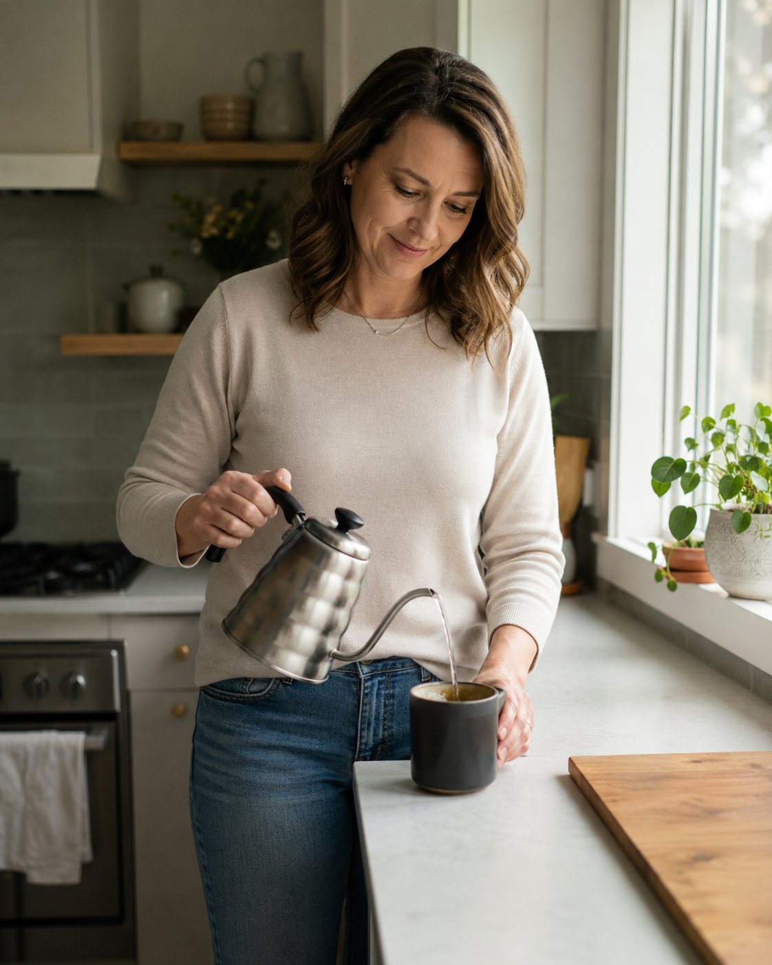 A woman in a sunlit kitchen pours from a kettle into a mug she holds in her other hand