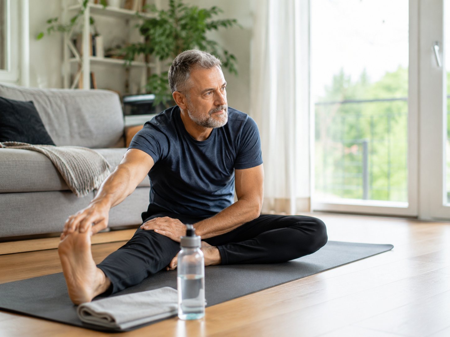 Grey-haired man stretches toward his foot on an exercise mat in a sunlit living room.