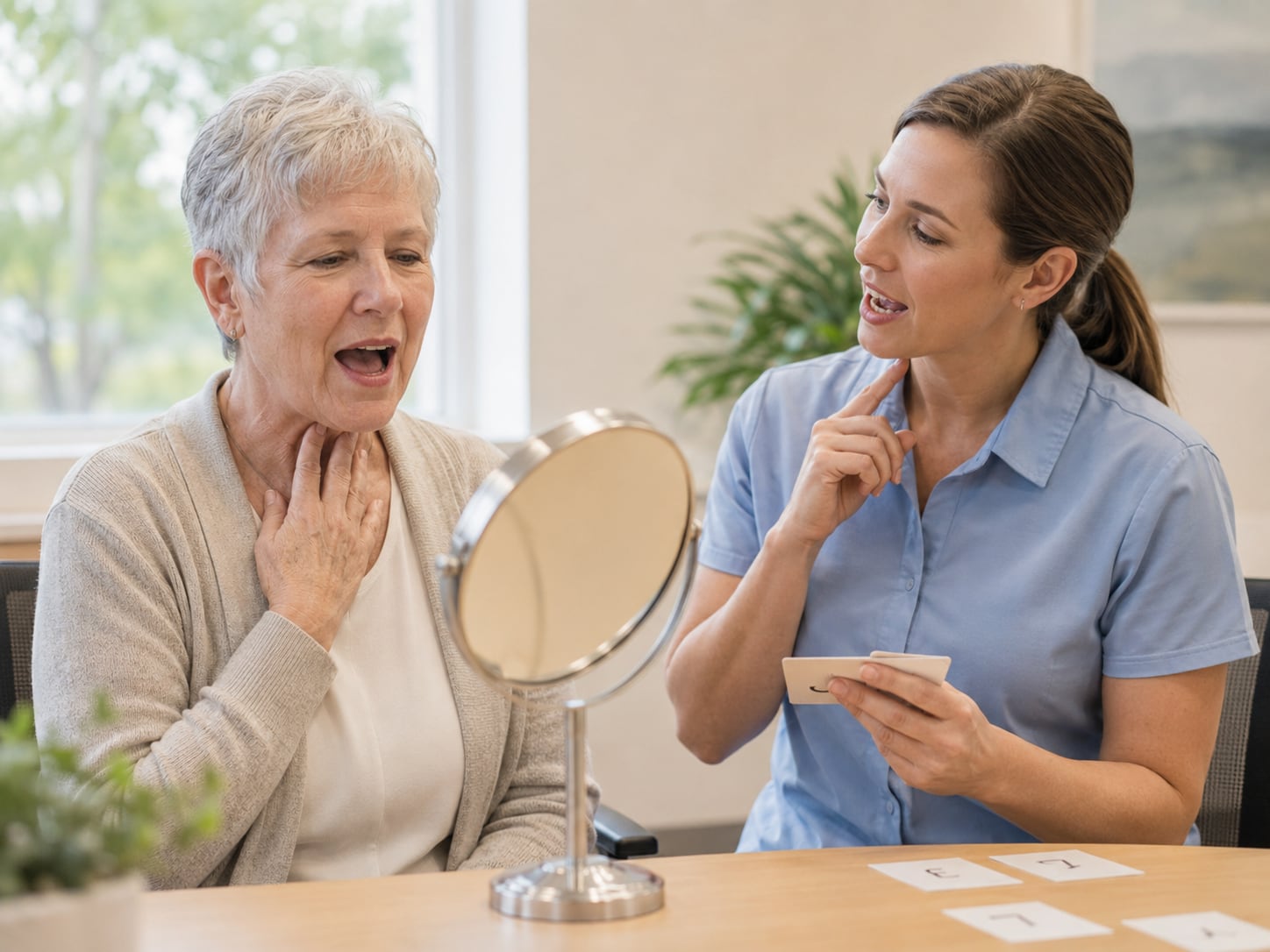 An older woman with a headscarf touches her throat looking in a mirror while a clinician talks to her