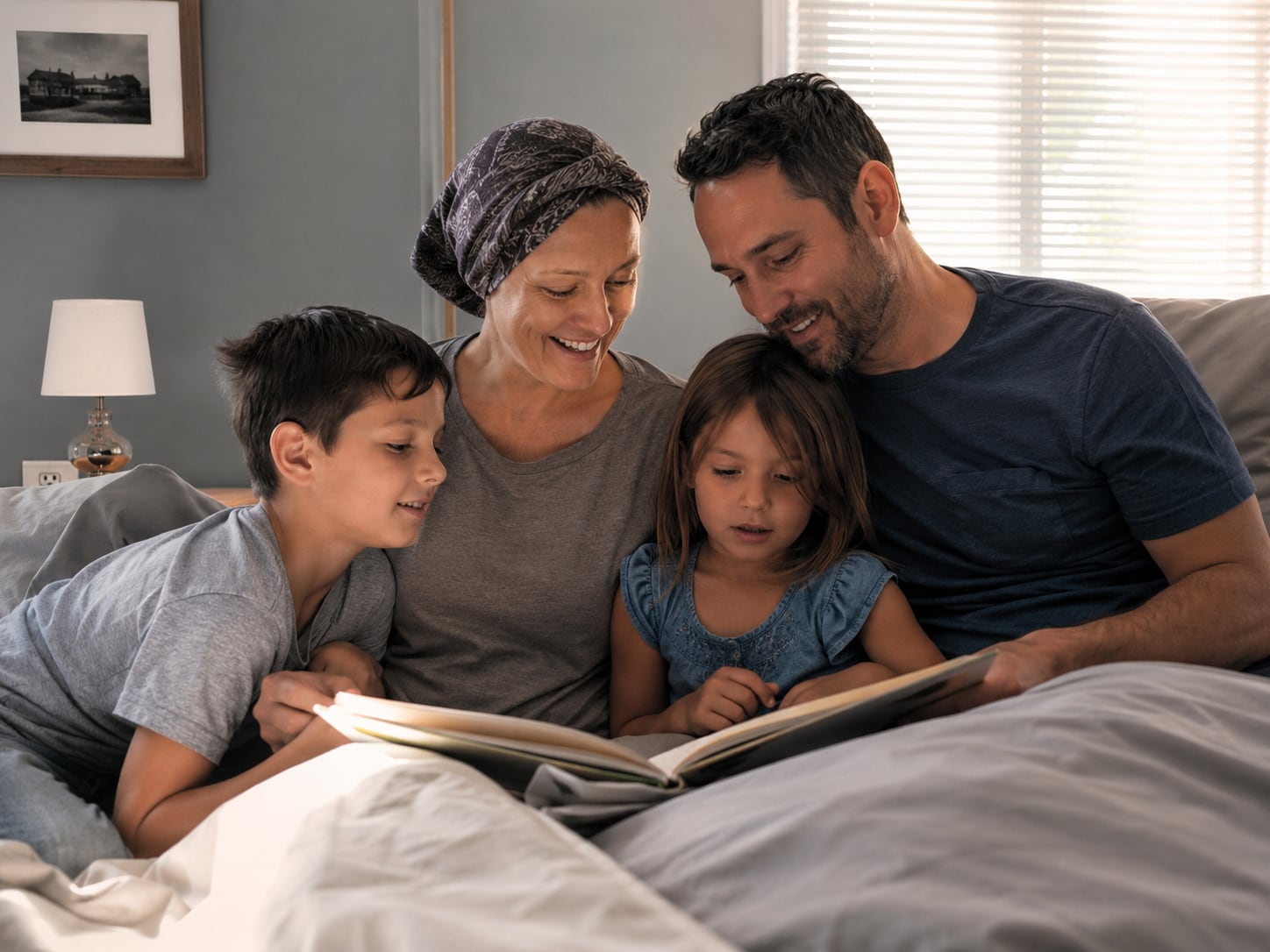 A man, older woman and young girl look together at a book or photo album