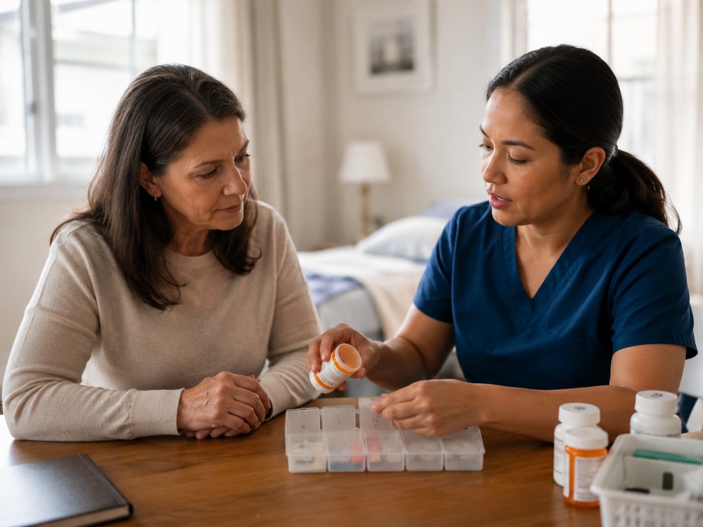 A nurse hands medication to an older woman seated on a bed at home