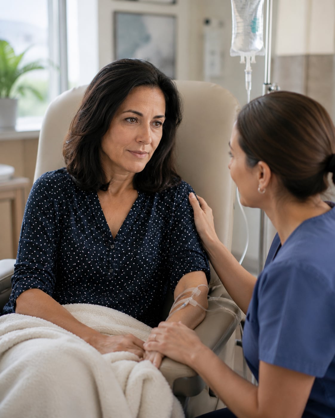 A woman sits in a chair talking with a clinician in an exam room
