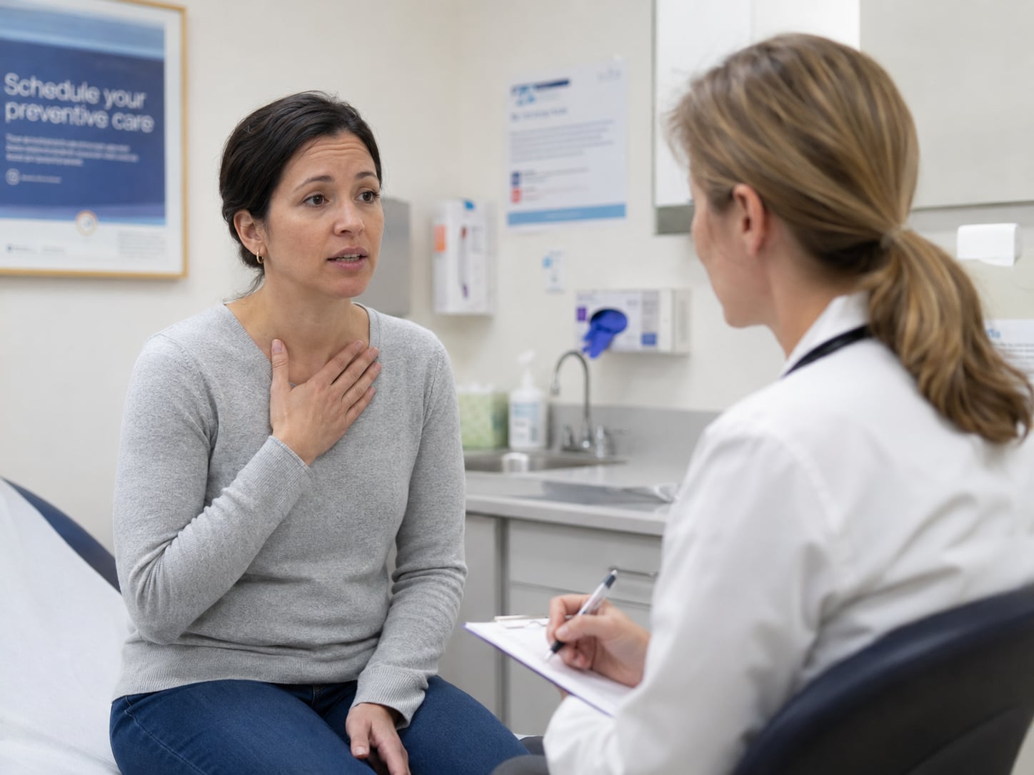 A woman touches her throat while talking with a doctor in an exam room