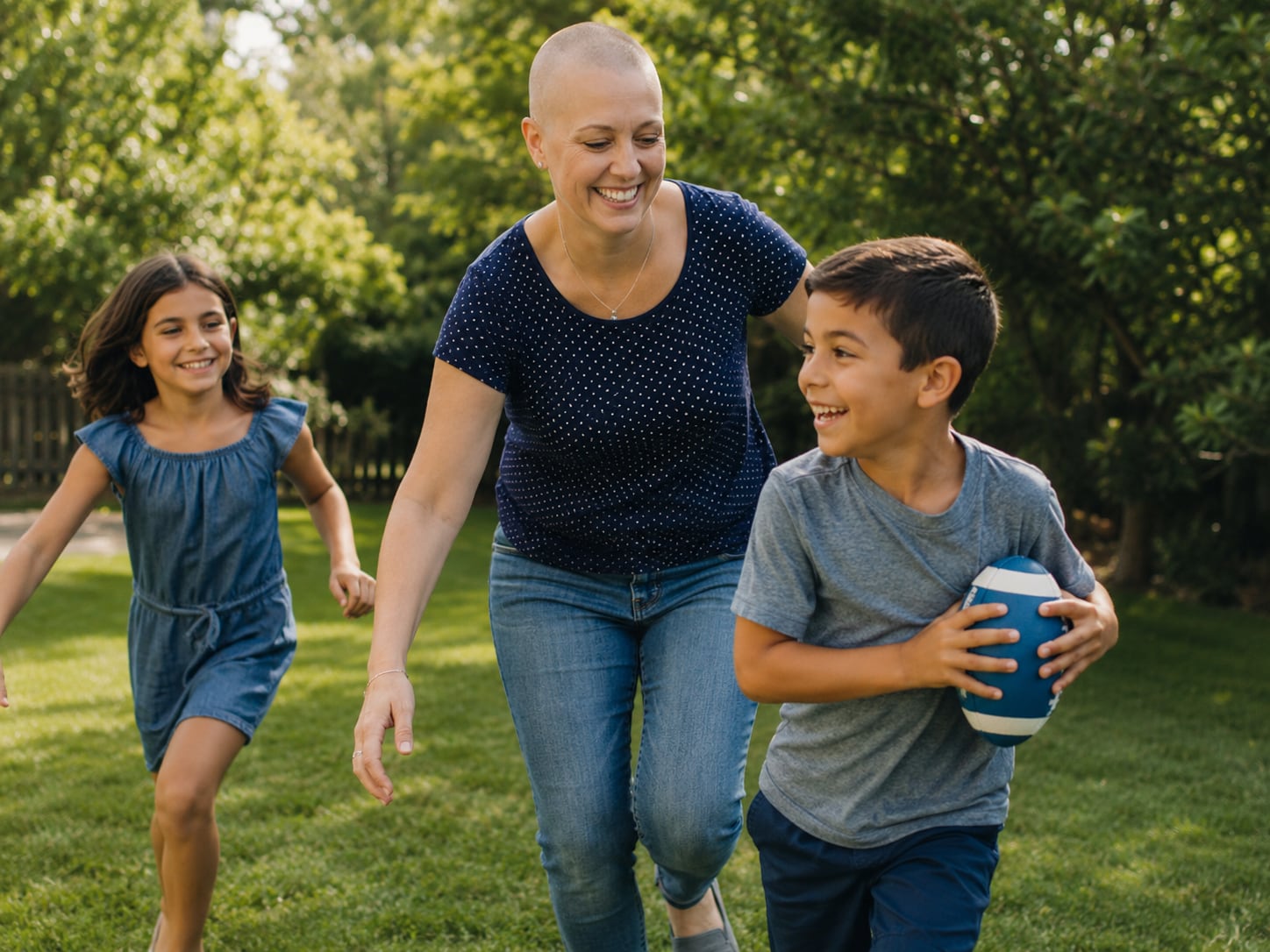 A mother walks outdoors holding hands with two children in a park