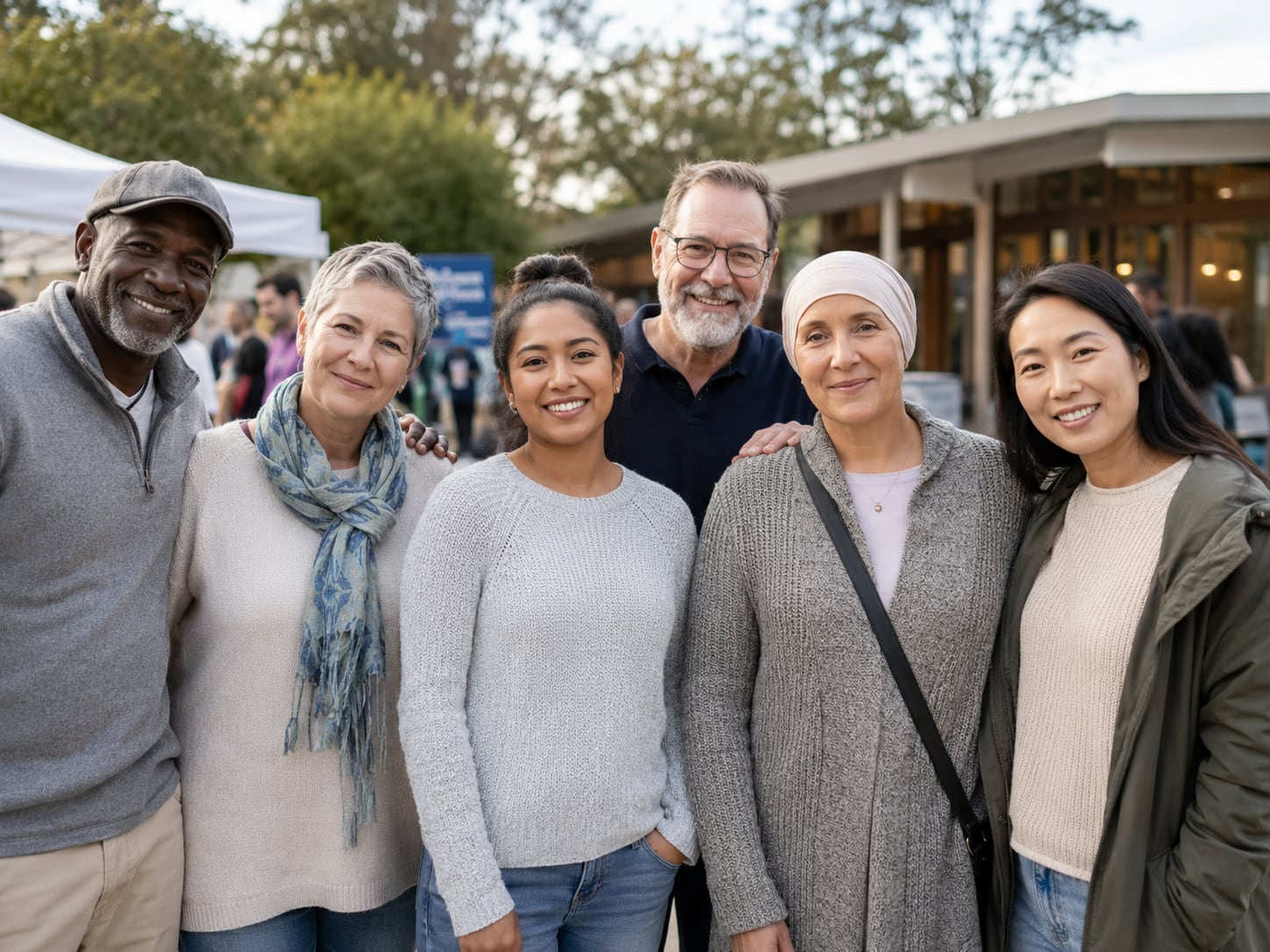 A group of five multi-generational people pose together smiling outdoors