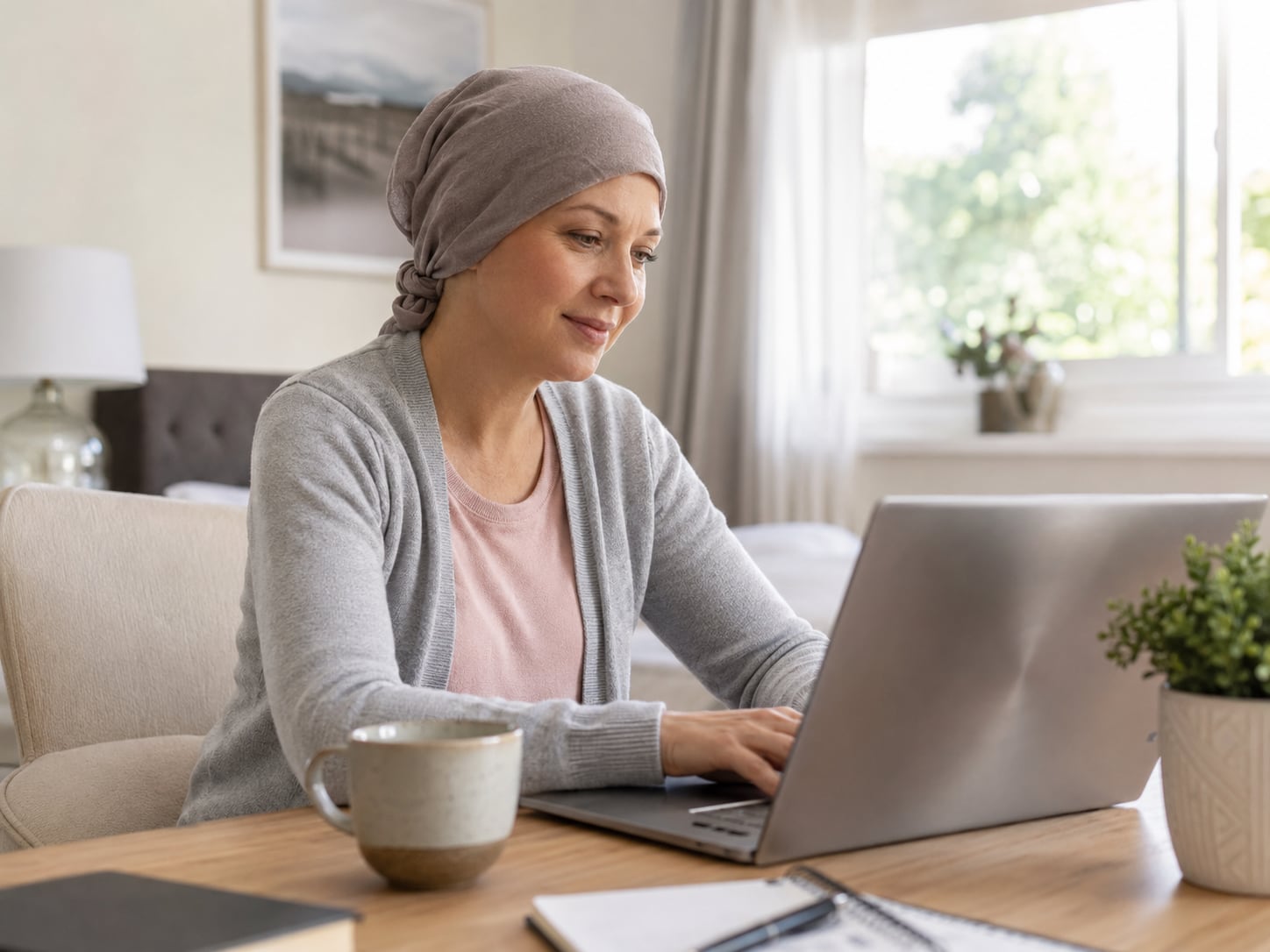 A woman wearing a headscarf sits using a laptop at home