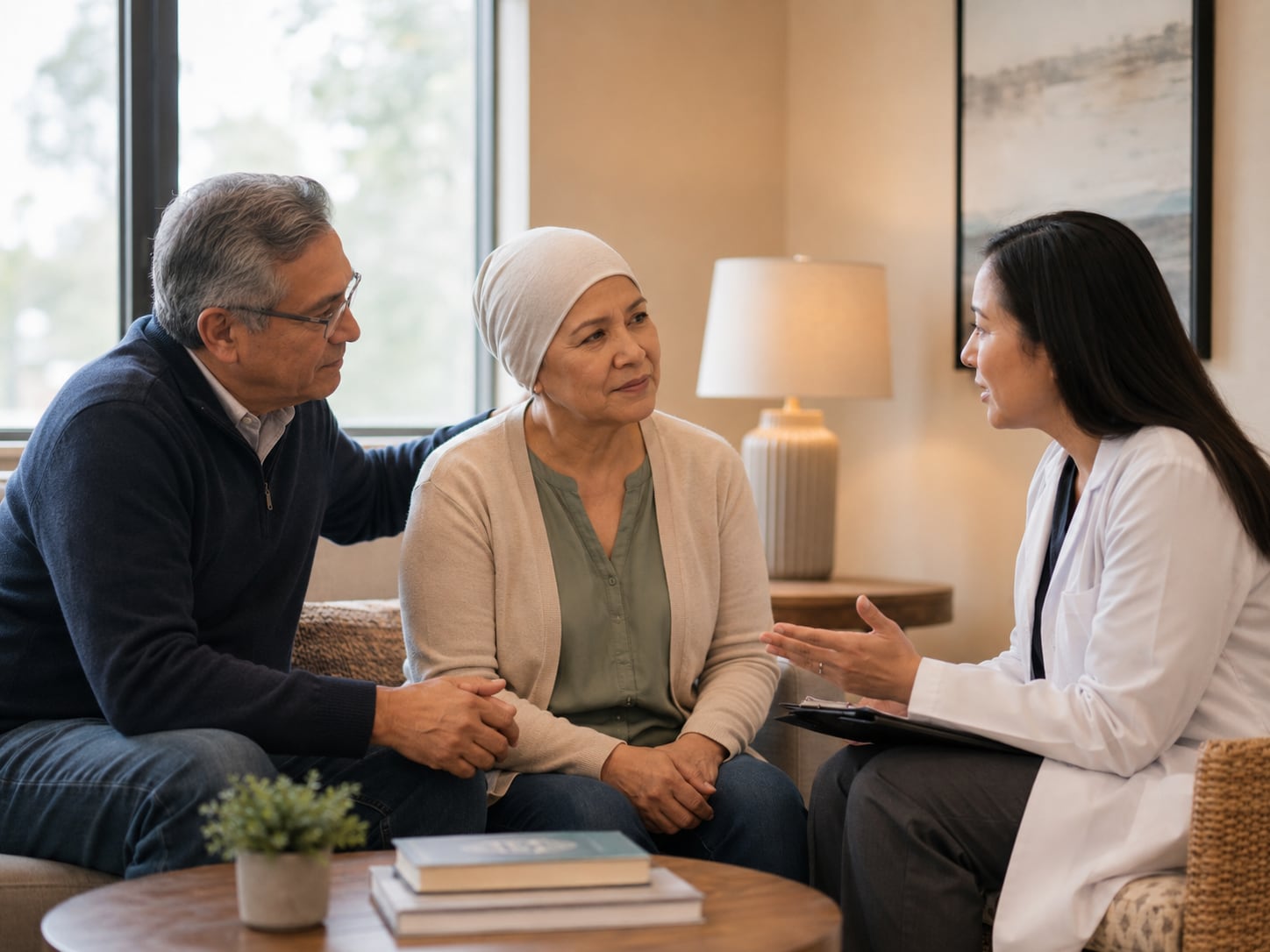 An older man, woman in a headscarf, and another woman talk together on a home sofa