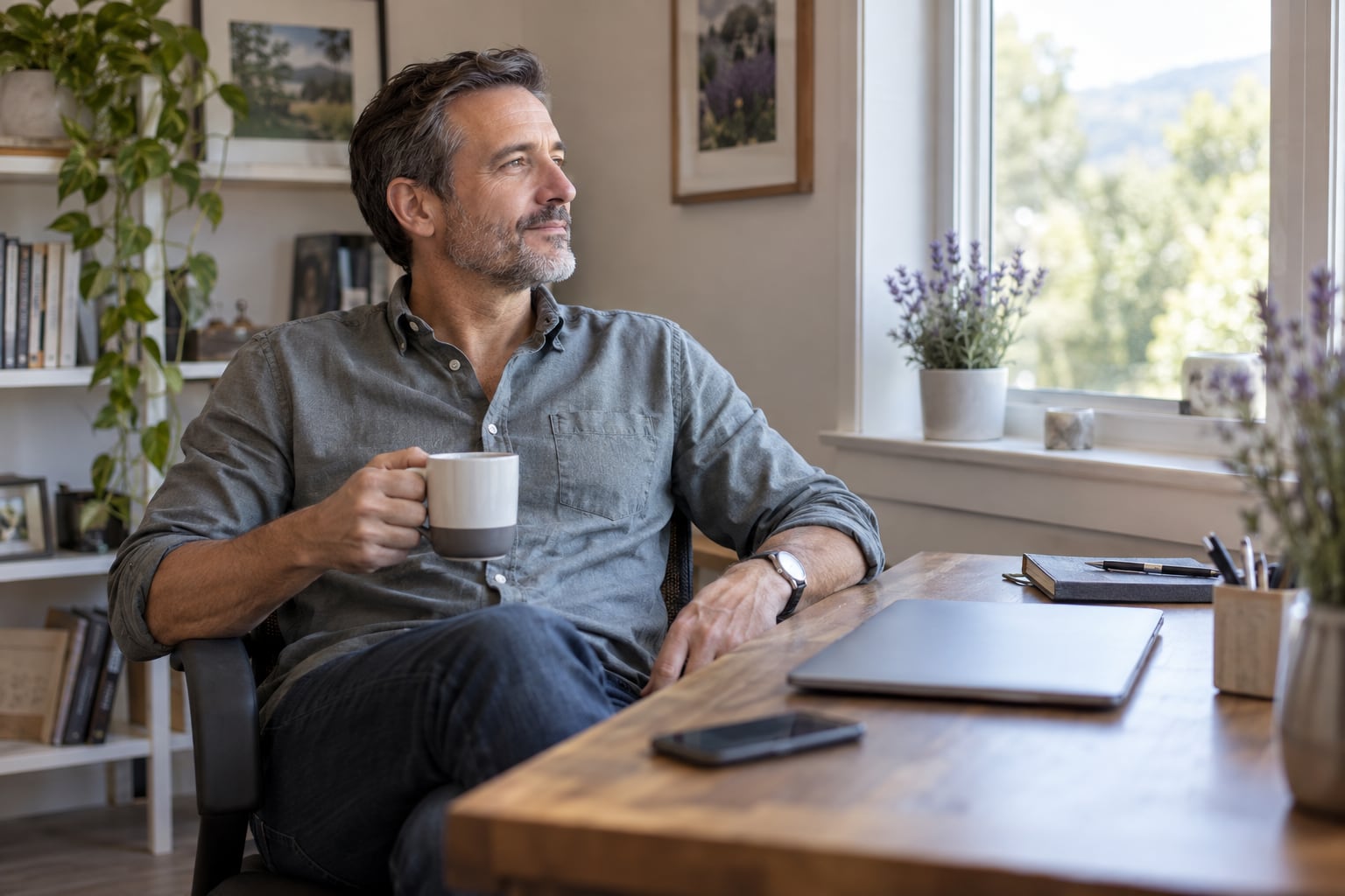 A man sits at his home desk taking a coffee break, looking out the window.