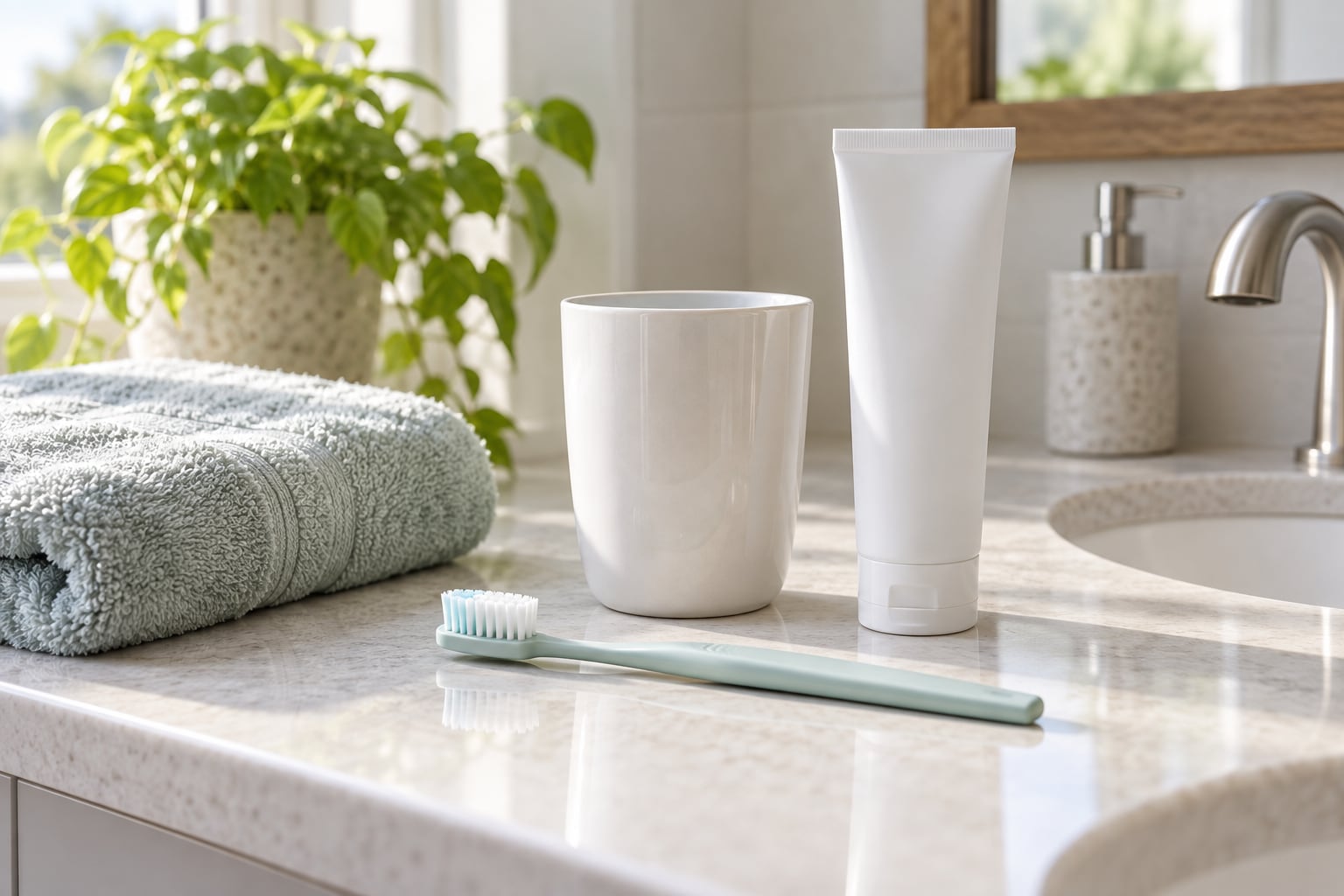 A soft-bristled toothbrush, toothpaste tube, and cup on a bathroom counter.