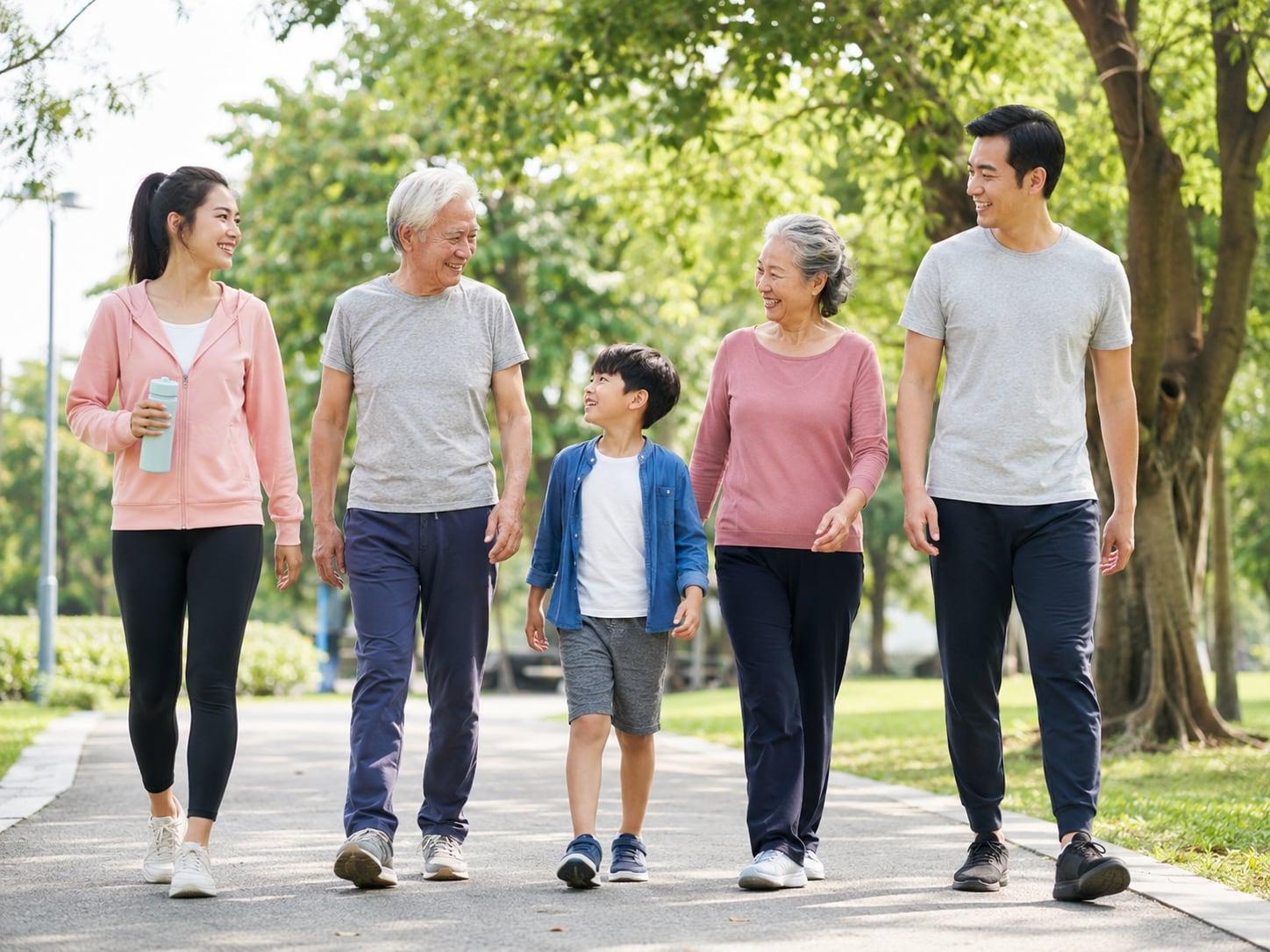 A family of five, including grandparents and children, walk together in a park