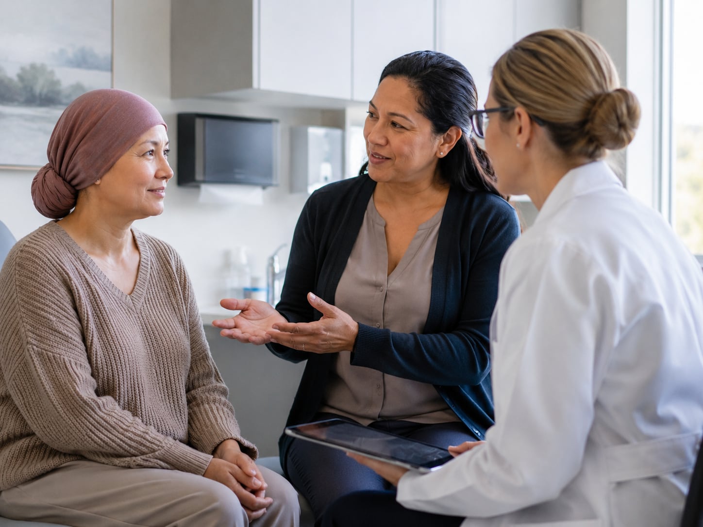 A woman wearing a headscarf talks with two female clinicians