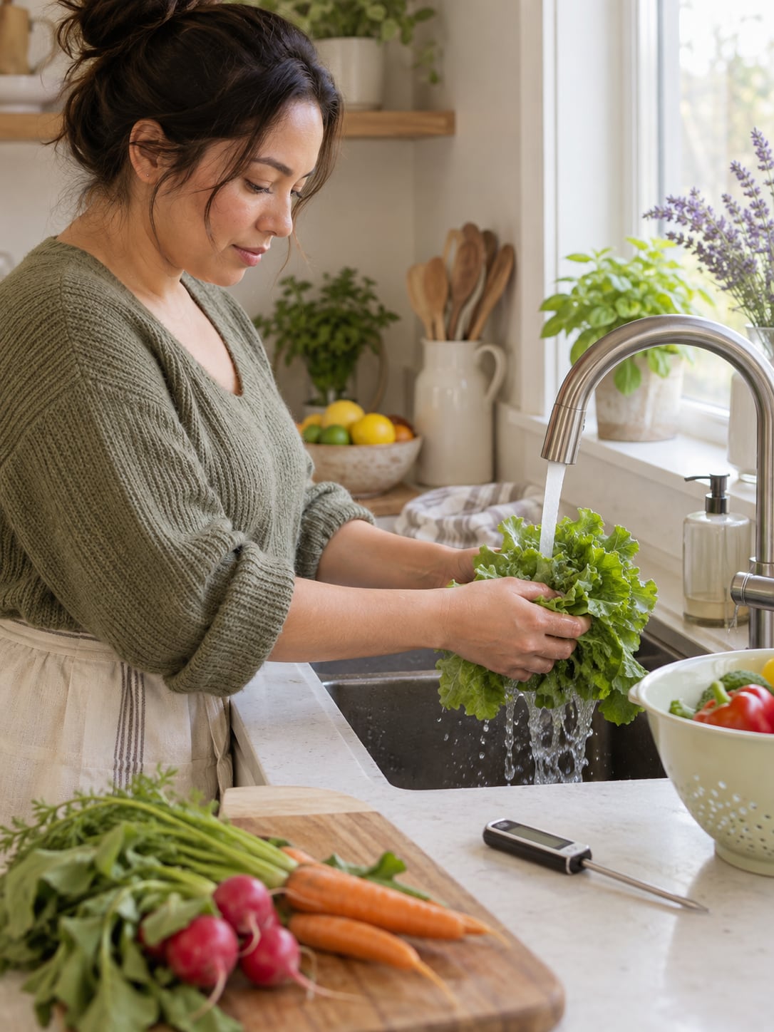 Produce being washed under running water at a kitchen sink, a food thermometer nearby.