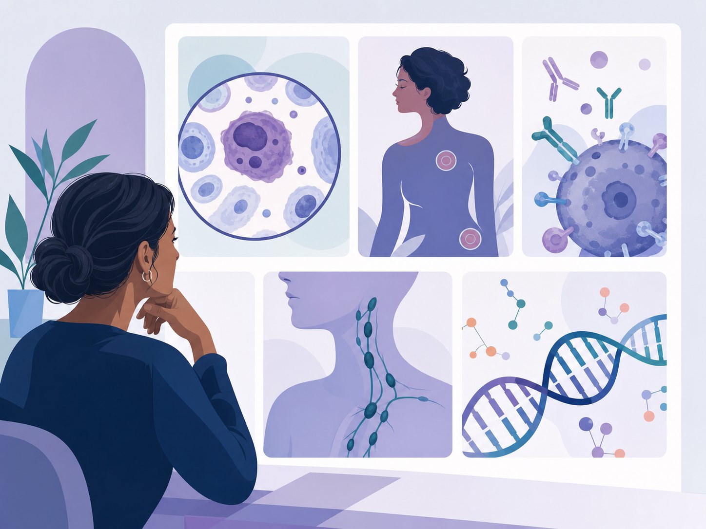 A woman views five panels showing cells, body markers, receptor antibodies, lymph nodes and a DNA helix.