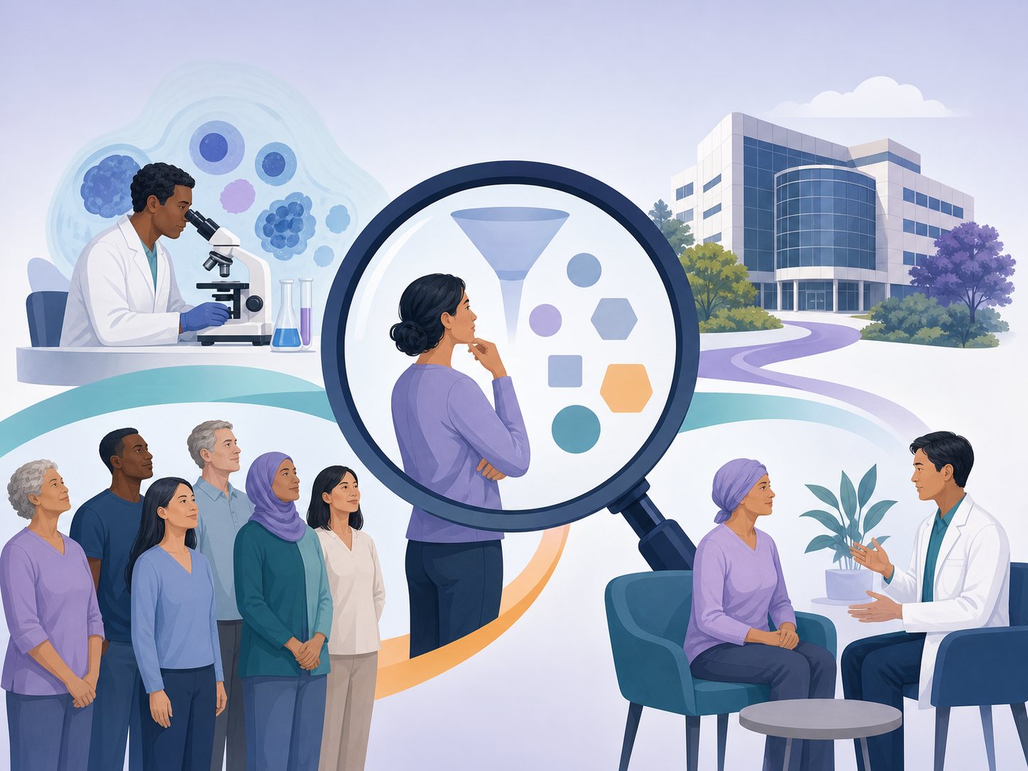 A magnifier over a person alongside a laboratory, a hospital building and a lineup of participants, with shape-based criteria.