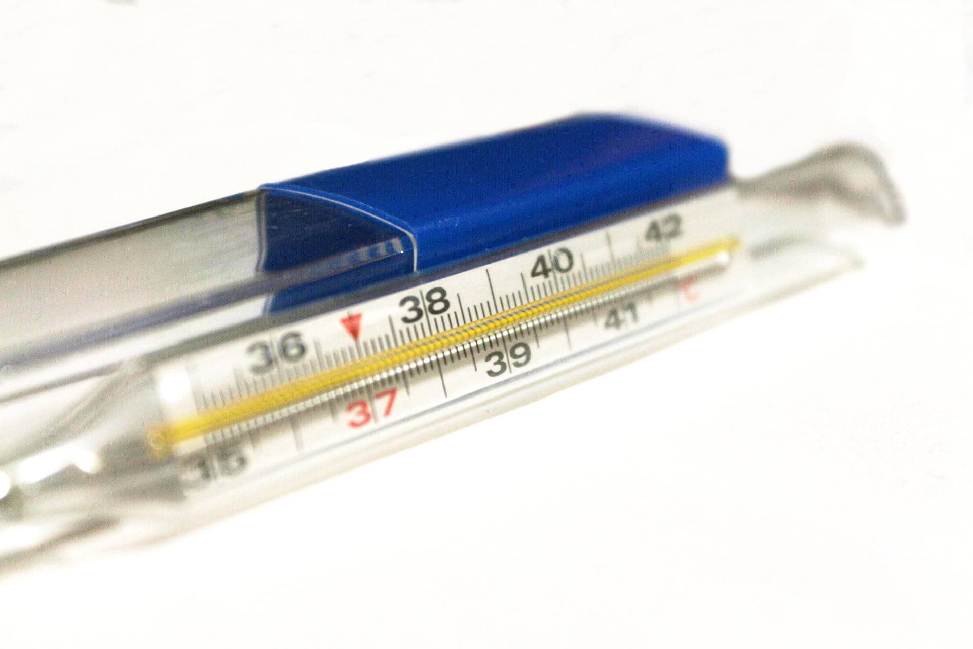 A close-up of a glass thermometer with a degree scale and a blue cap.