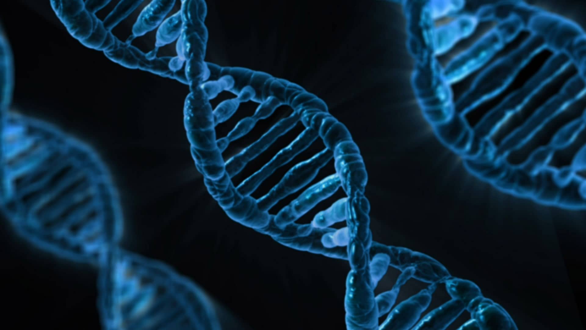 A rendered illustration of blue DNA double helices on a dark background.