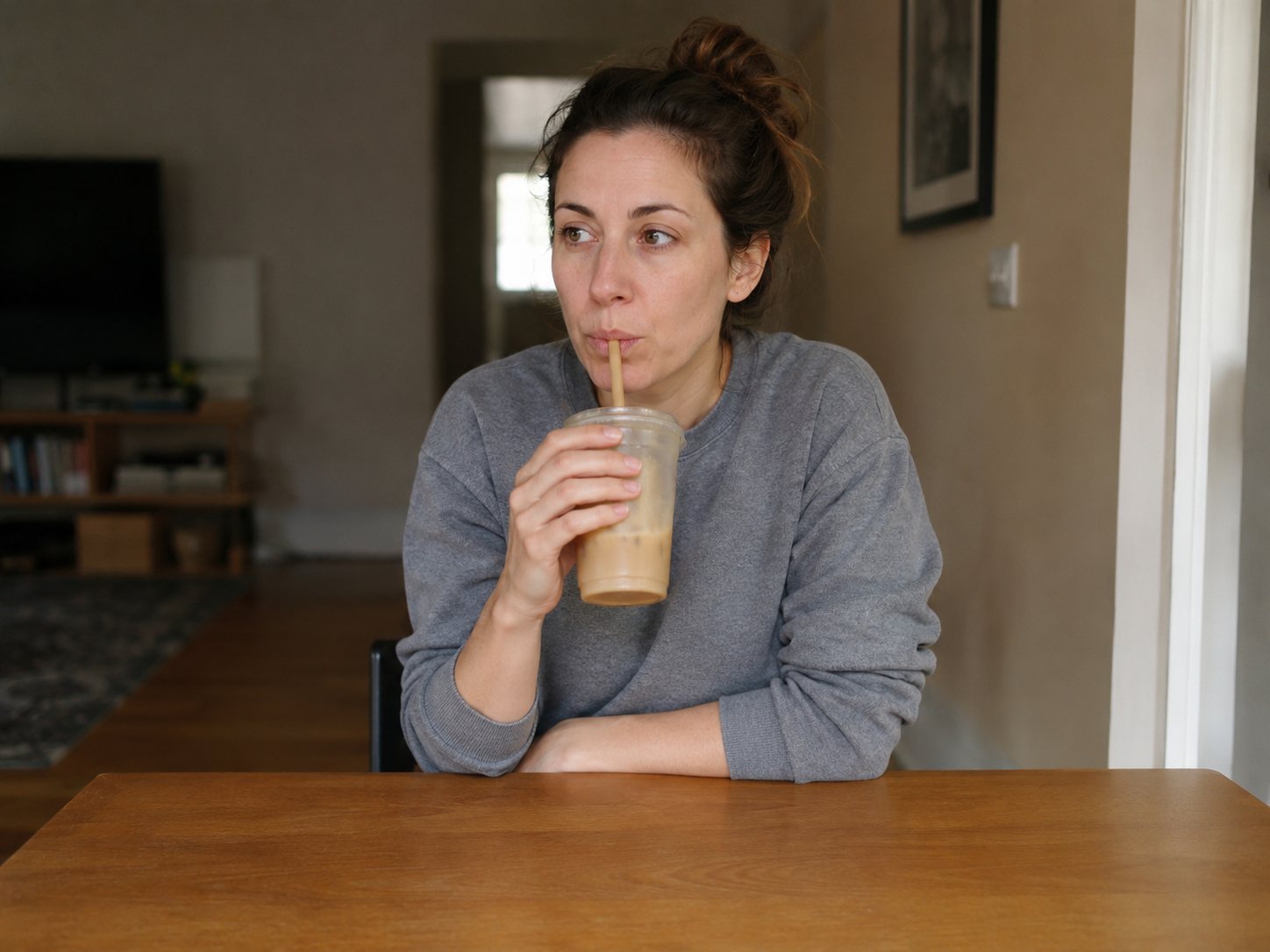 A woman sits at a dining table drinking a pale smoothie through a straw, one arm resting on the wood