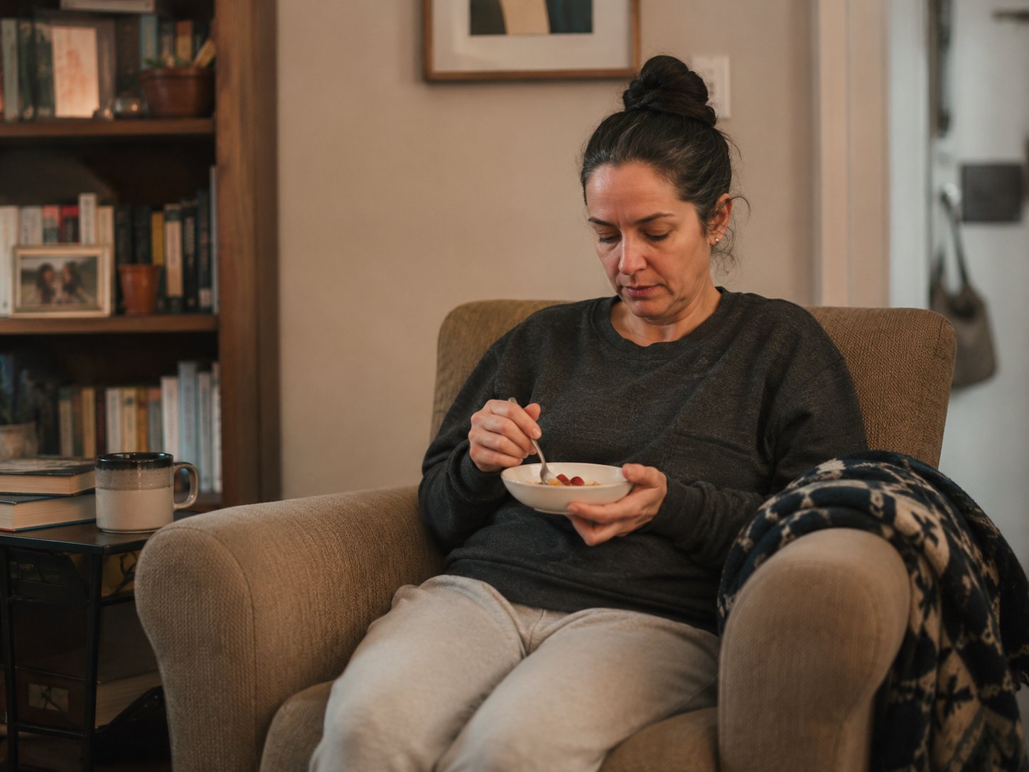 A woman eats slowly from a small bowl while sitting in an armchair with a blanket over her legs