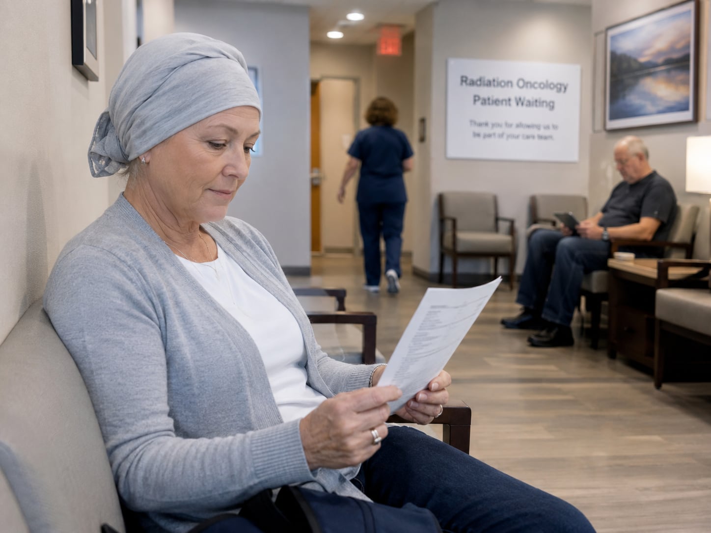 A woman wearing a head scarf sits in a clinic waiting area reading a printed page, with a “Radiation Oncology Patient Waiting” sign behind her.