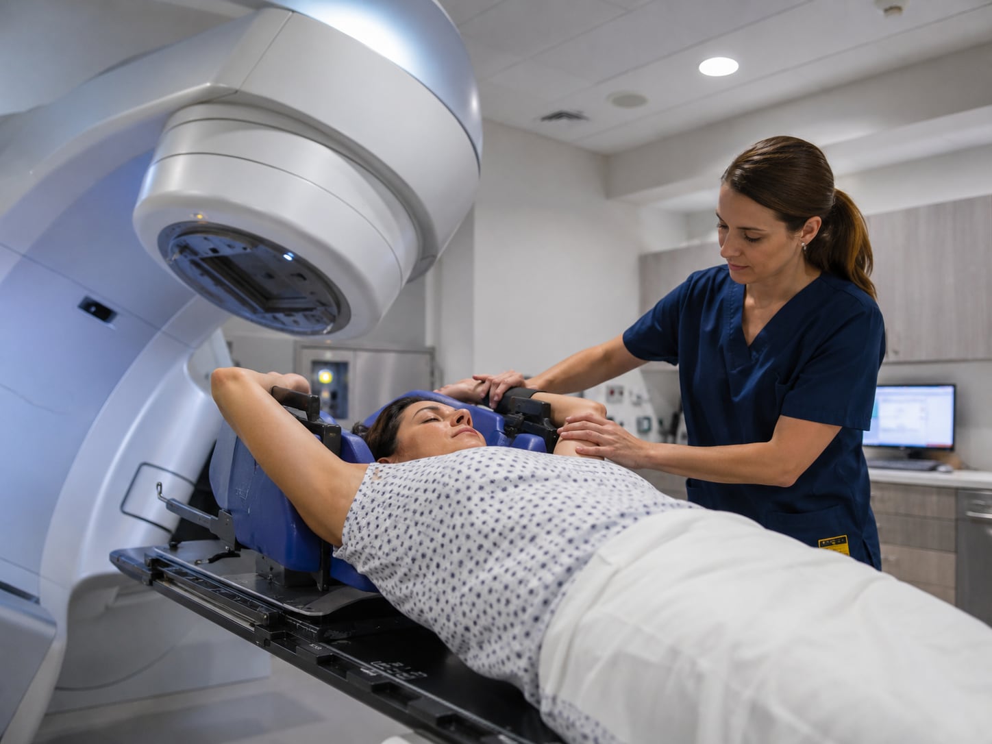 A clinician in navy scrubs adjusts the arm supports of a patient lying with both arms raised overhead on a linear accelerator couch.