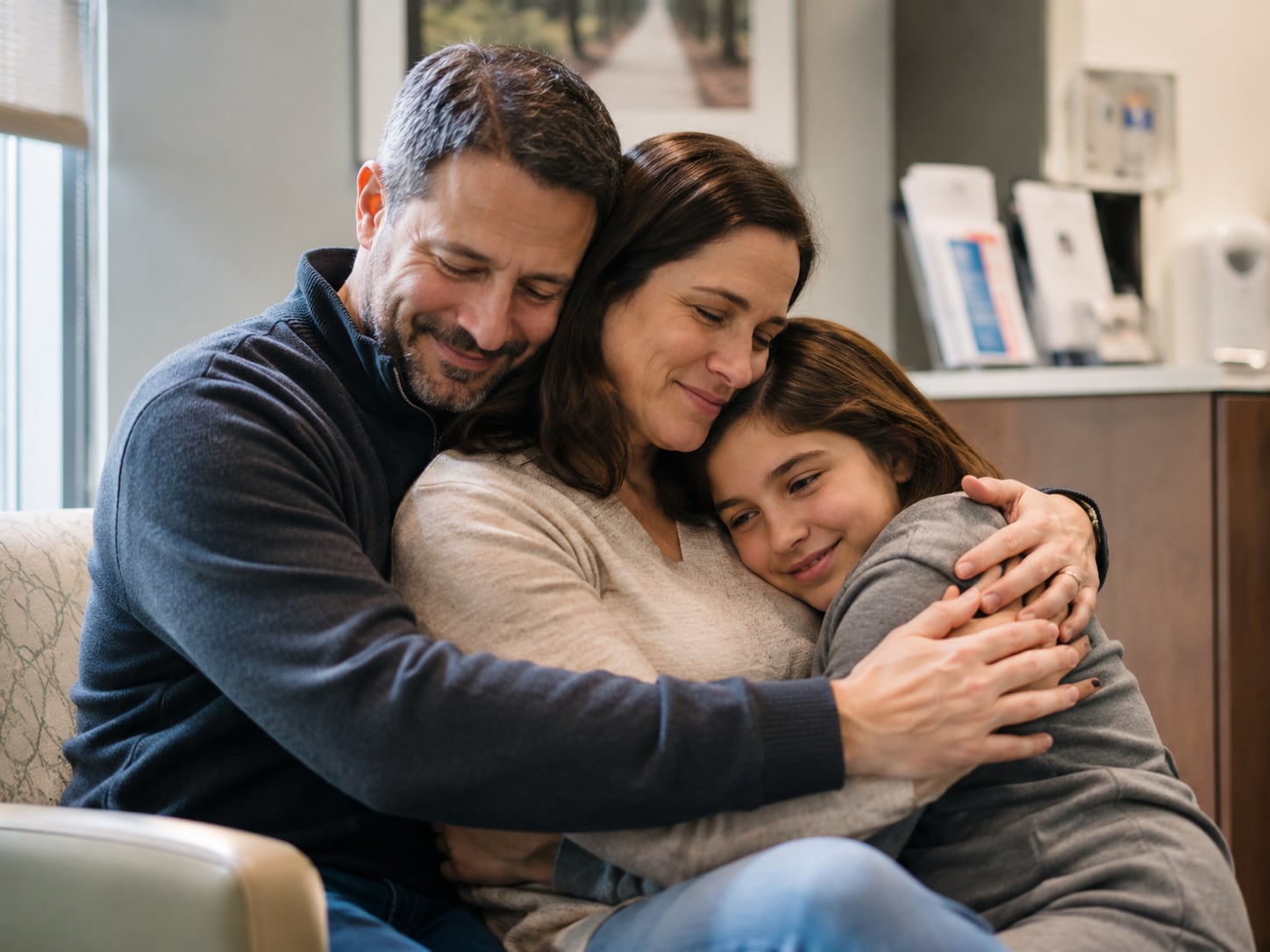 A man, woman and teenage girl share a group hug at home