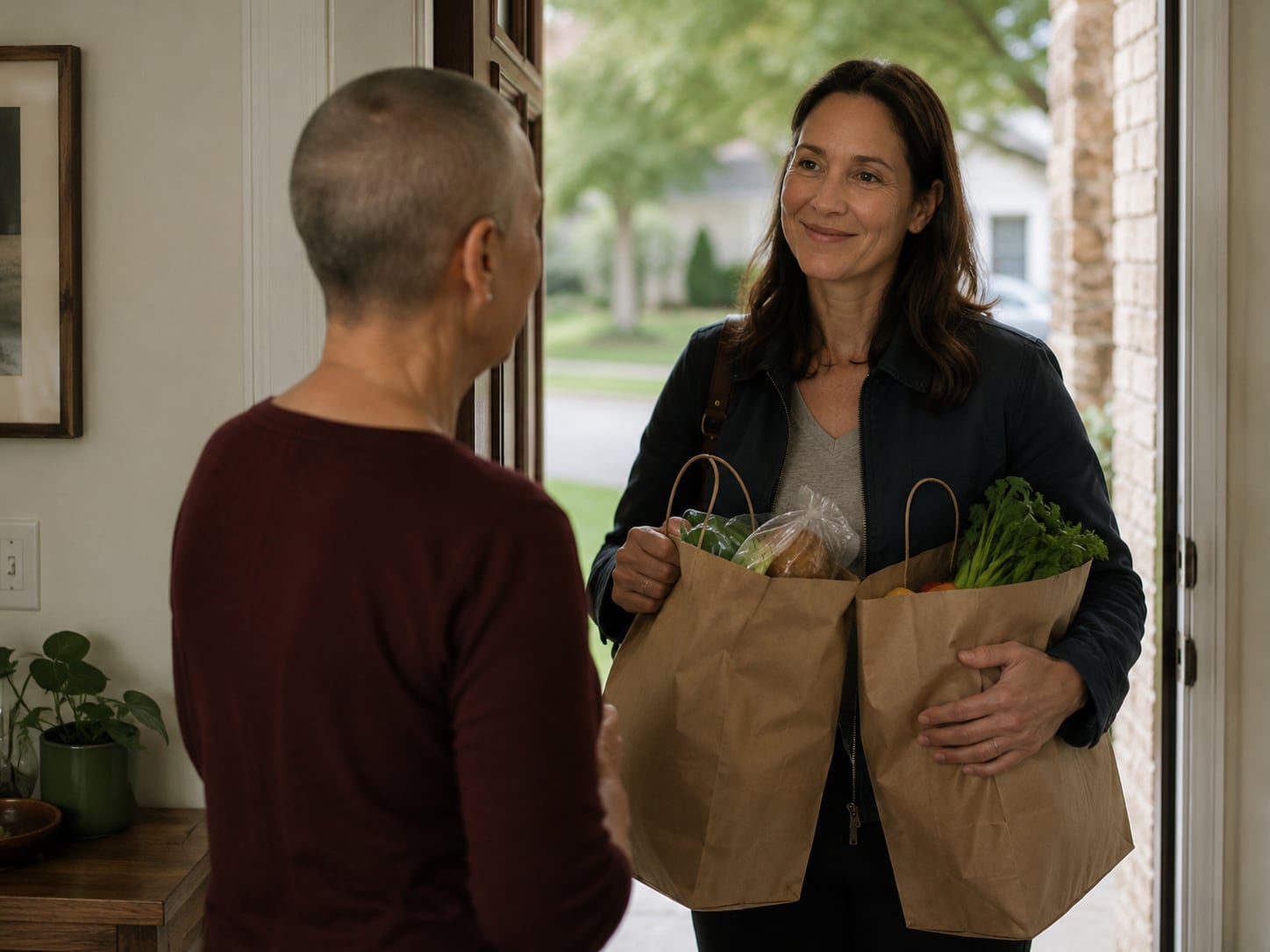 A woman with a headscarf carries grocery bags alongside a helper outdoors