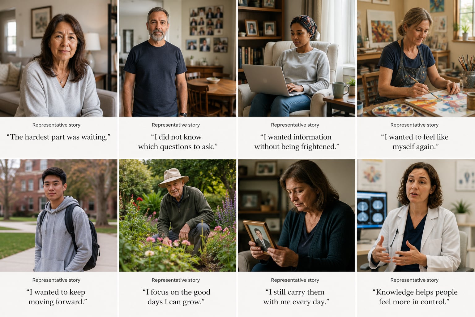 A composite image: four photo panels with people and quote captions about their experience