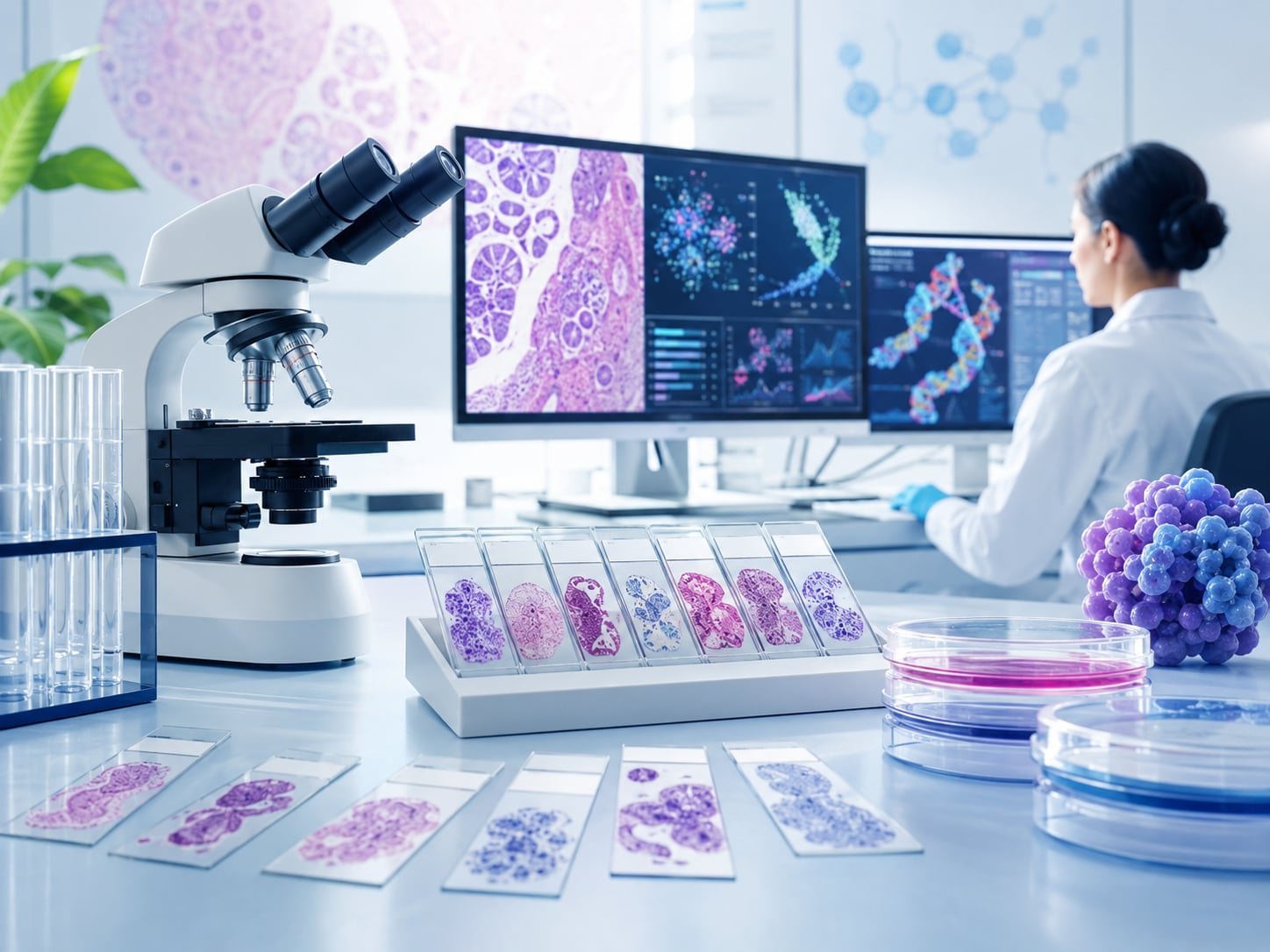 A lab worker views pathology images on monitors beside a microscope and sample vials