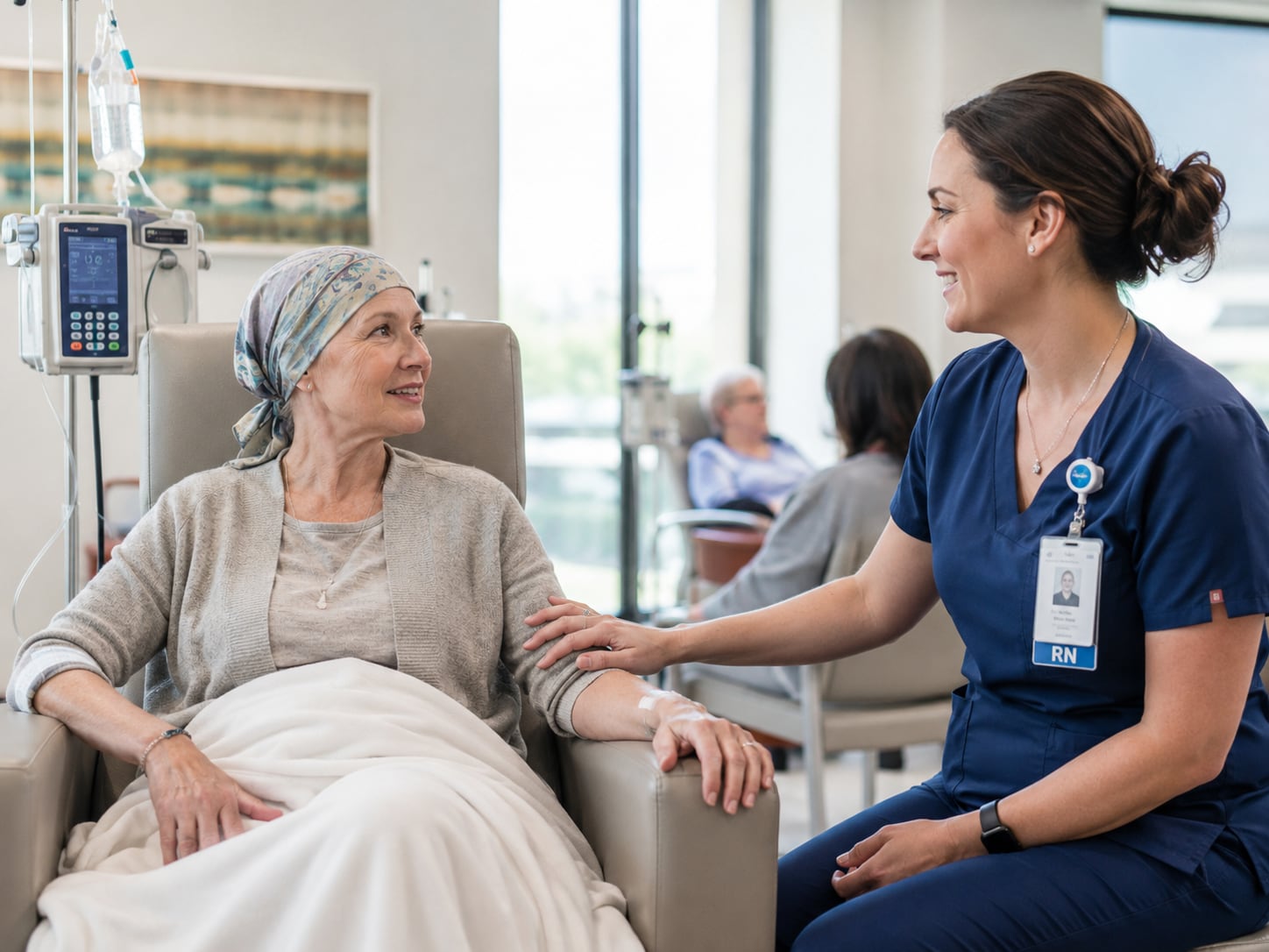 A woman with a headscarf sits in an infusion chair while a nurse checks her IV