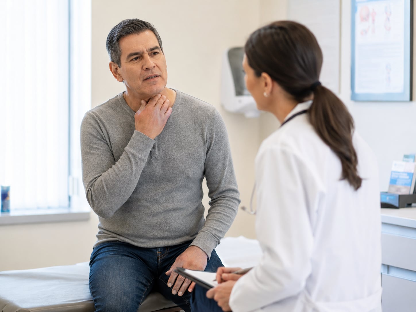 A man touches his chin while talking with a female doctor in a clinic