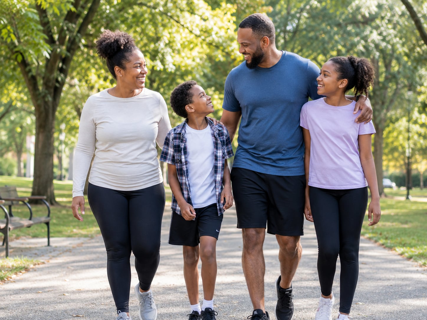 A family of four walk together smiling in an outdoor park