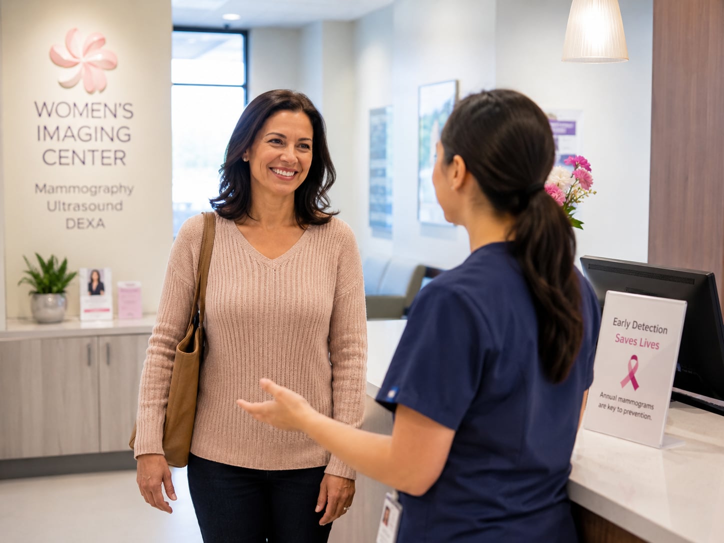 A woman checks in at a Women's Imaging Center desk with pink ribbon signage
