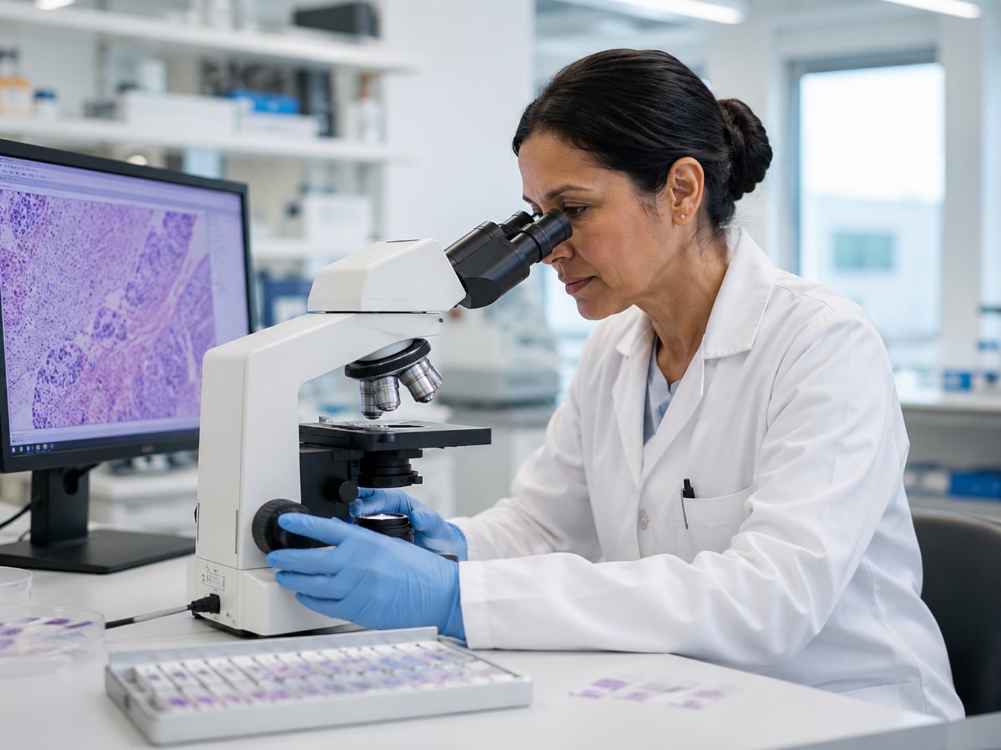 A female scientist looks through a microscope beside a monitor showing pathology images