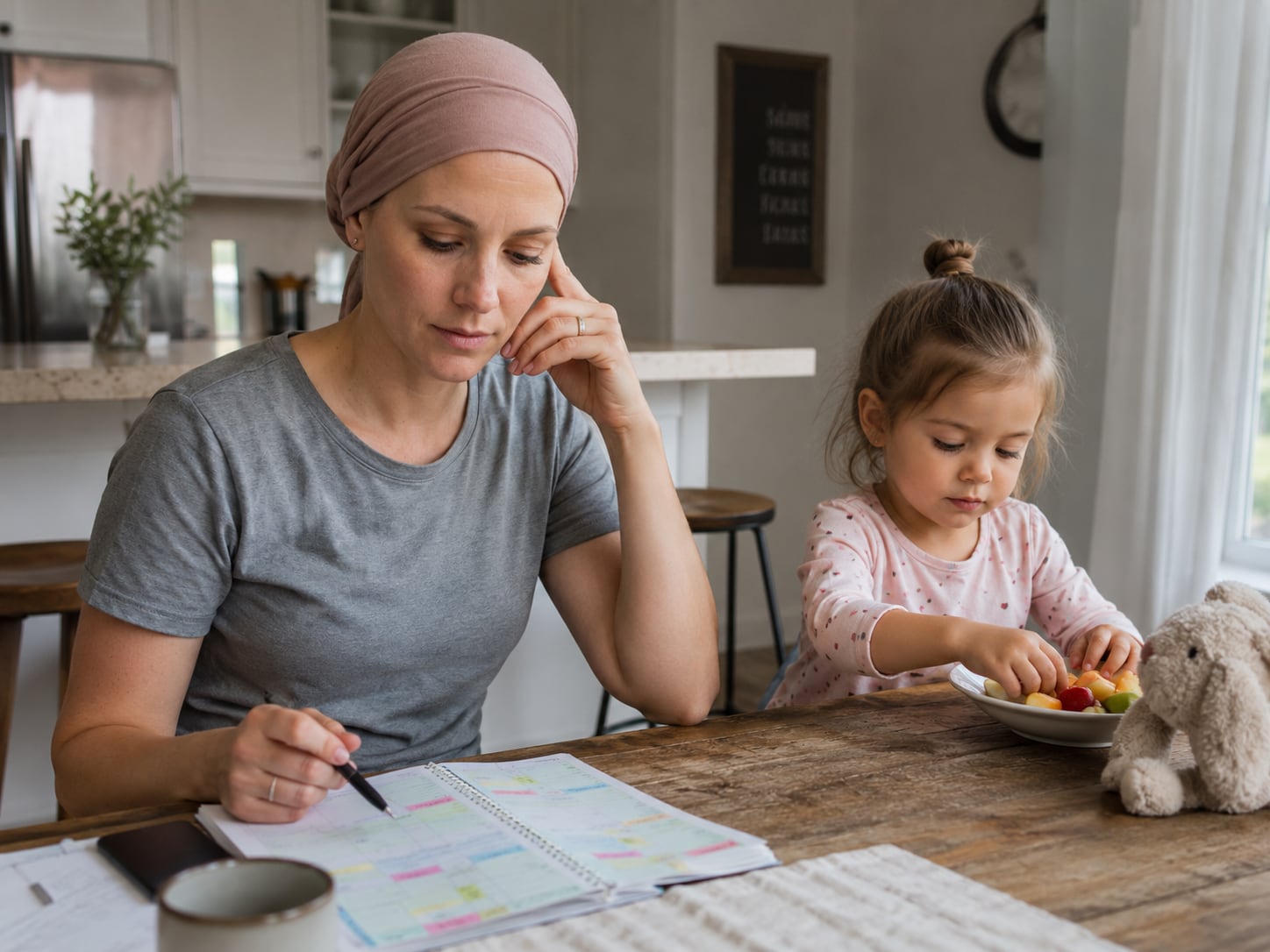 A woman with short post-treatment hair sits at a table with a young girl eating