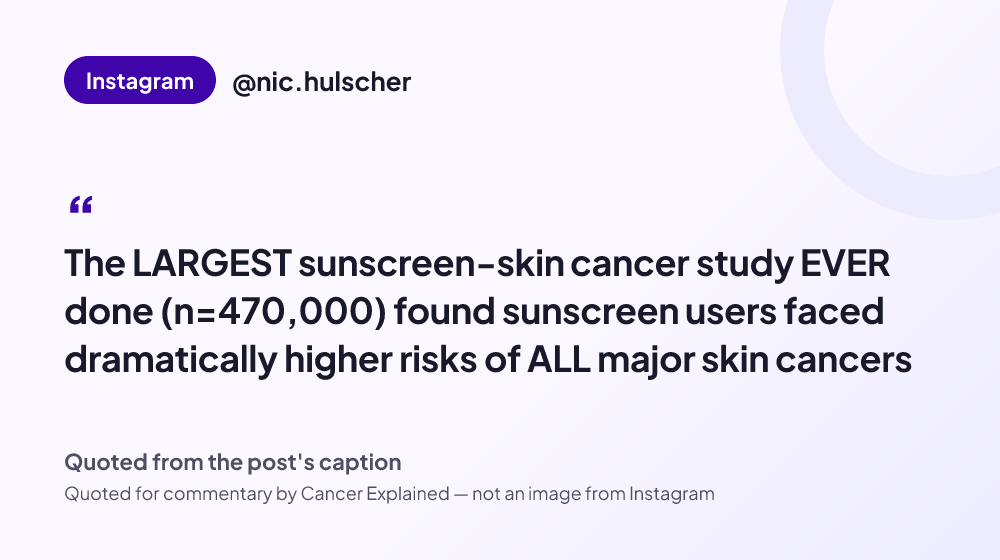 Quote card reading: "The LARGEST sunscreen-skin cancer study EVER done (n=470,000) found sunscreen users faced dramatically higher risks of ALL major skin cancers" — @nic.hulscher
