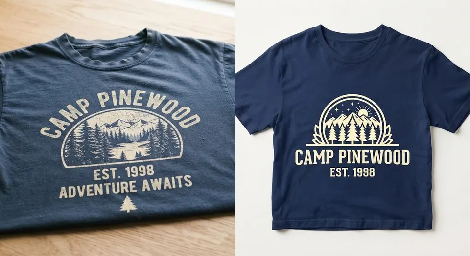 A faded navy Camp Pinewood, Est. 1998 T-shirt on the left and the same badge recreated as a crisp navy T-shirt on the right