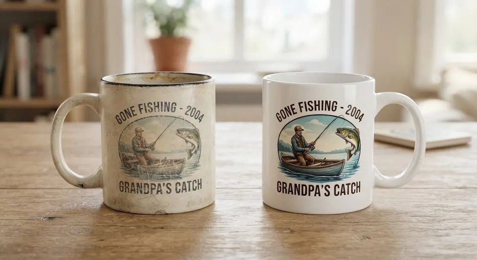 Two mugs side by side on a wooden table: a chipped old mug and a new white mug, both printed with a fisherman in a boat and the words Gone Fishing, 2004, Grandpa’s Catch