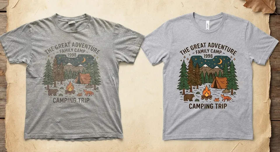 Two grey T-shirts side by side: a faded old one and a fresh recreation, both printed with a forest camping scene and the words The Great Adventure Family Camp, 1998
