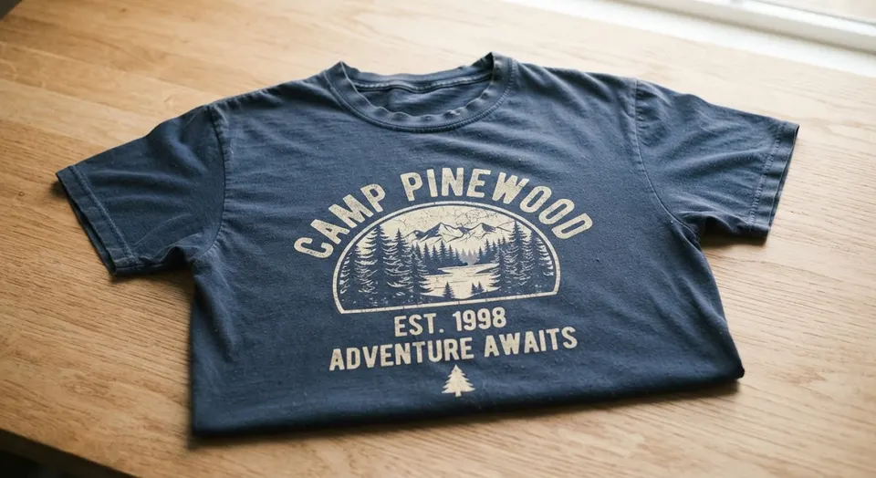 A faded, worn navy T-shirt lying on a wooden table, printed with a pine-tree camp badge that reads Camp Pinewood, Est. 1998
